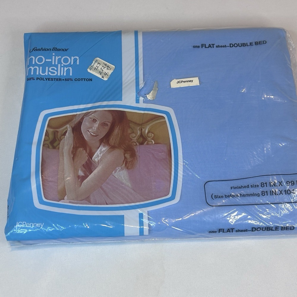 JCPenney Fashion Manor Flat Double Sheet Blue 50/50 No Iron Muslin Vintage